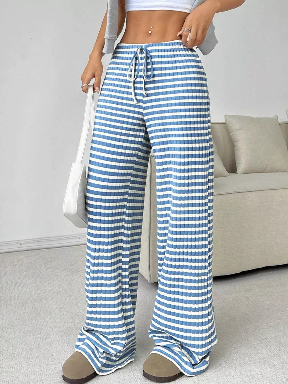 Striped Ribbed Knit Drawstring Waist Wide Leg Pants, image 13