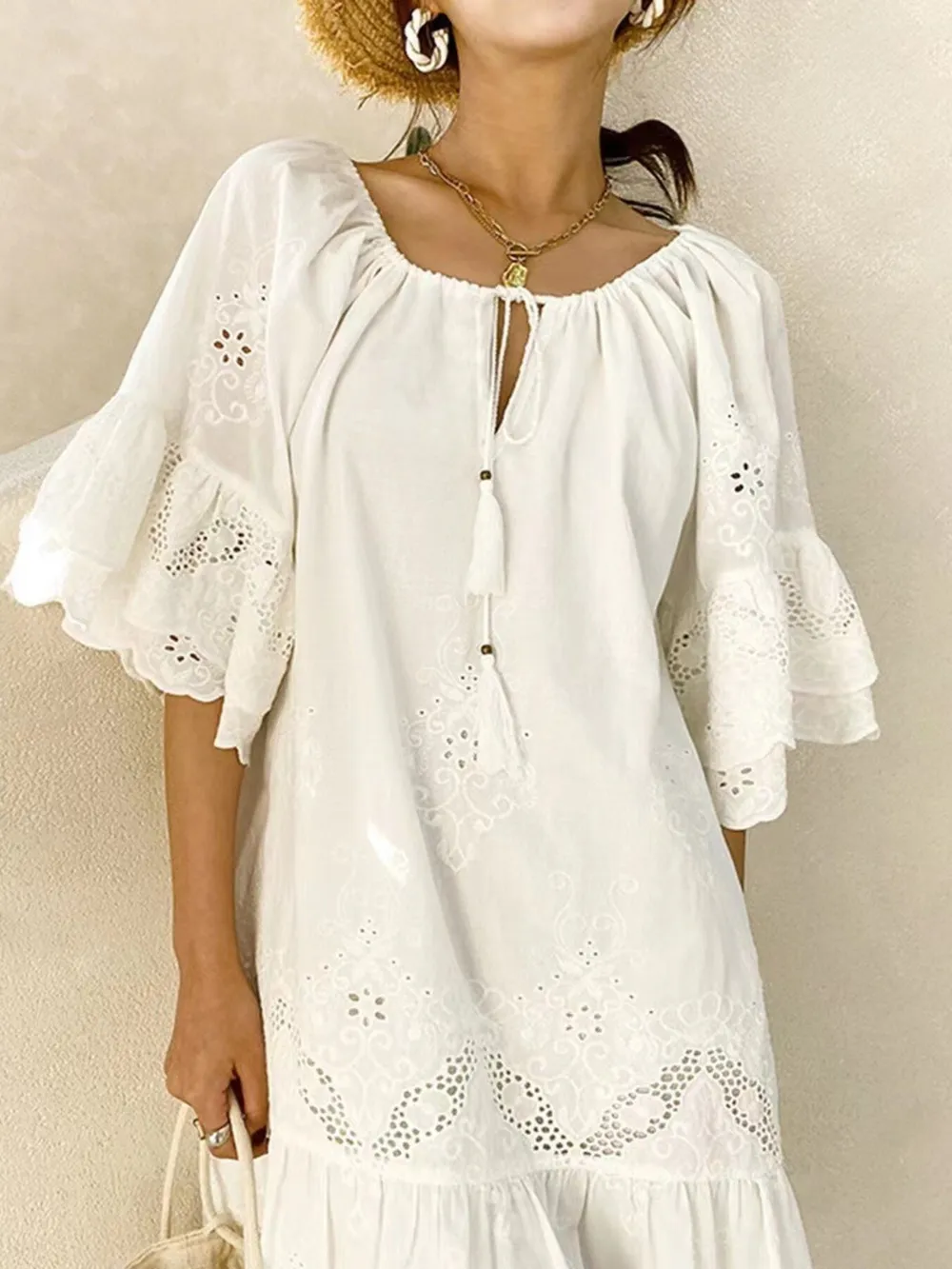 Eyelet Embroidered Tassel Tie Neck Dress, image 4
