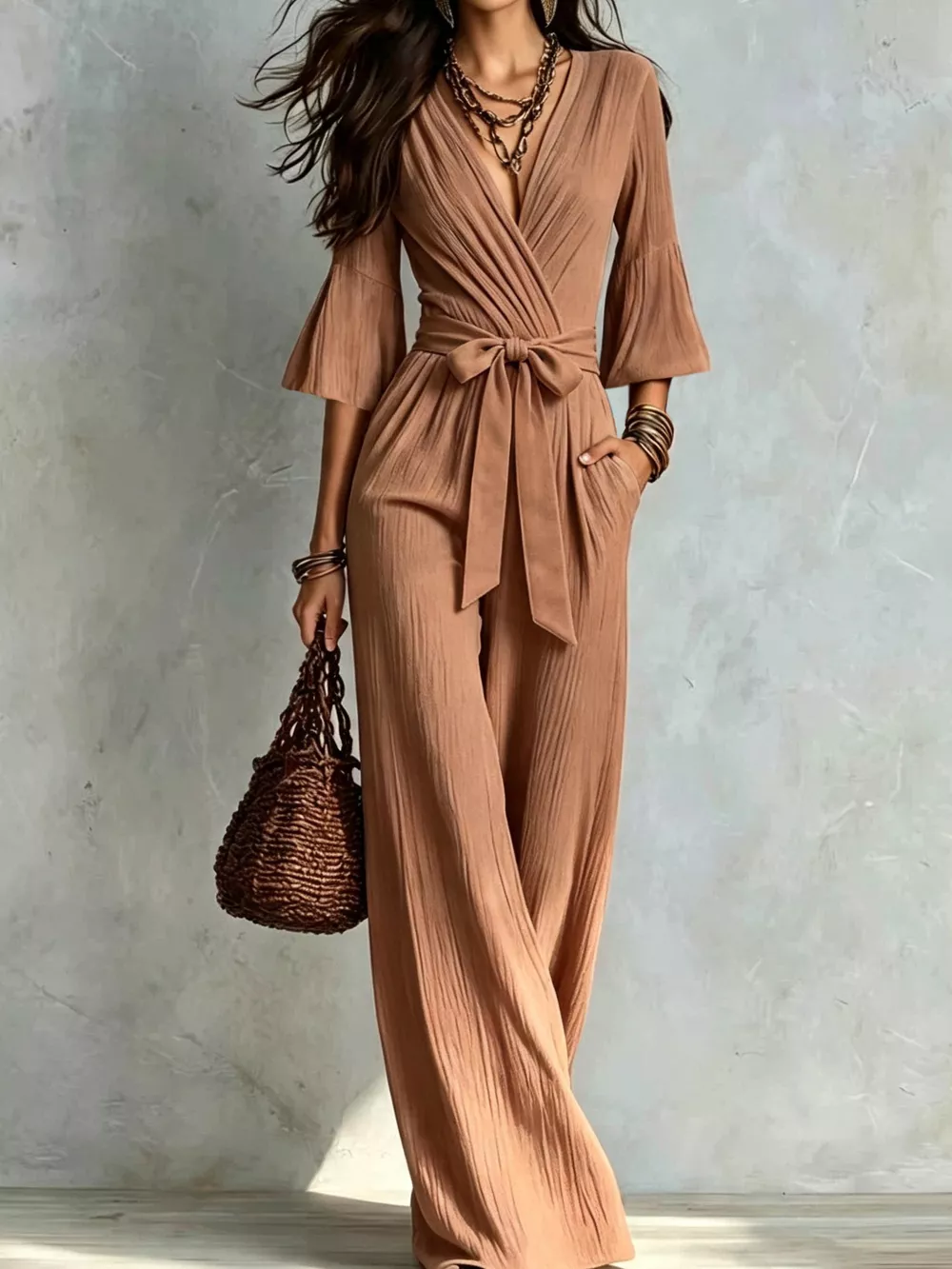 Pleated Wide-Leg Jumpsuit with Tie-Waist, image 3