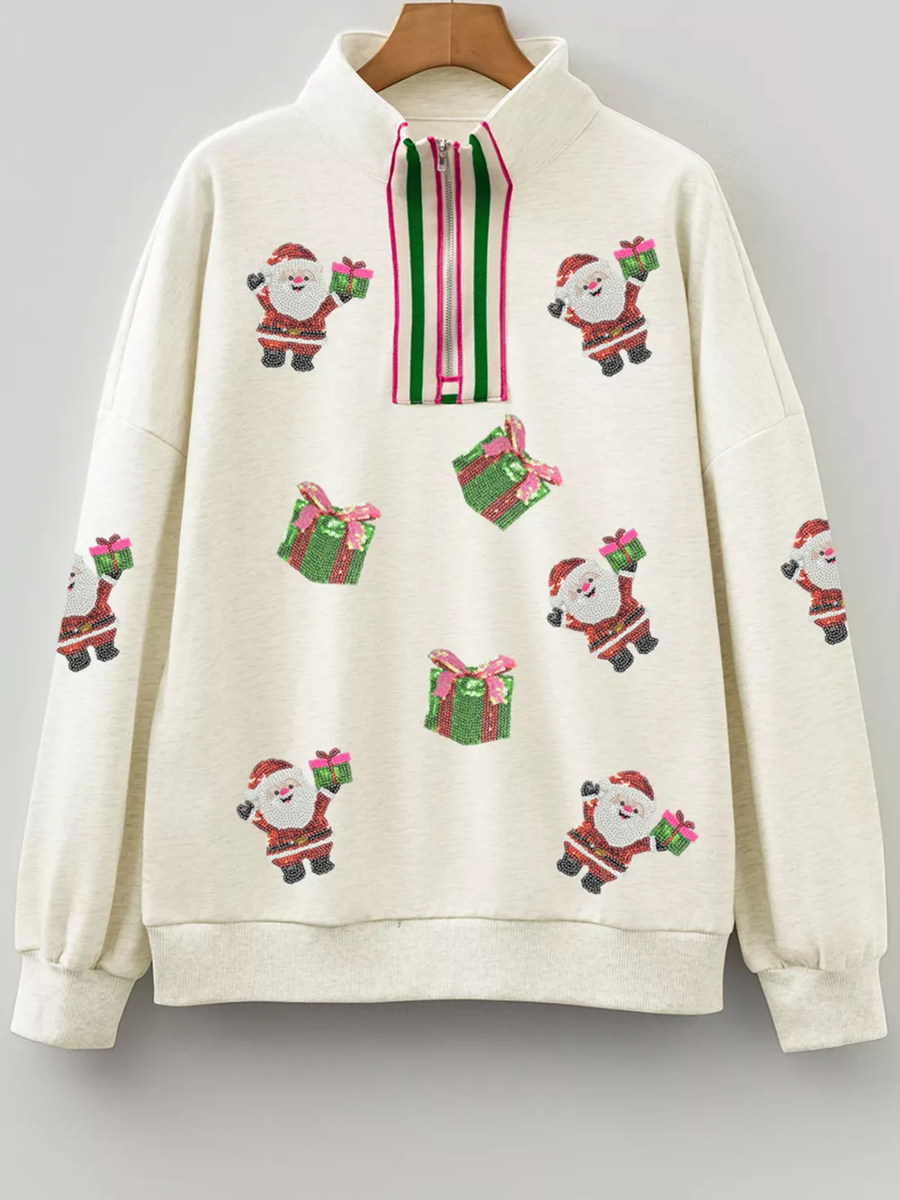 Christmas Striped Patchwork Zip Neck Sequin Santa Gift Sweatshirt, image 3
