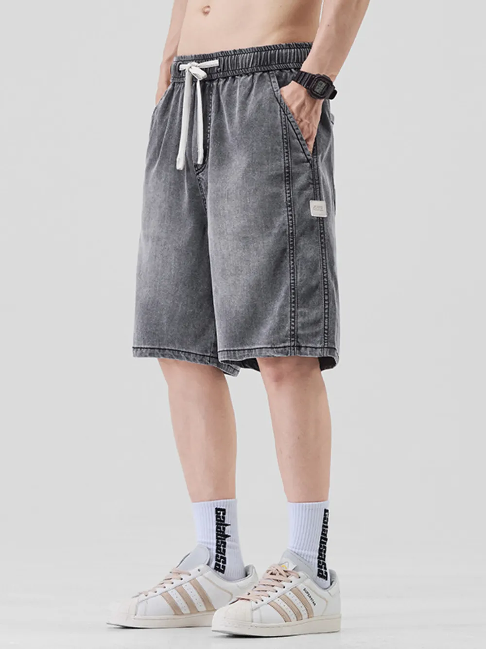 Men's Plus Size Casual Loose Fit Denim Shorts with Drawstring, image 8
