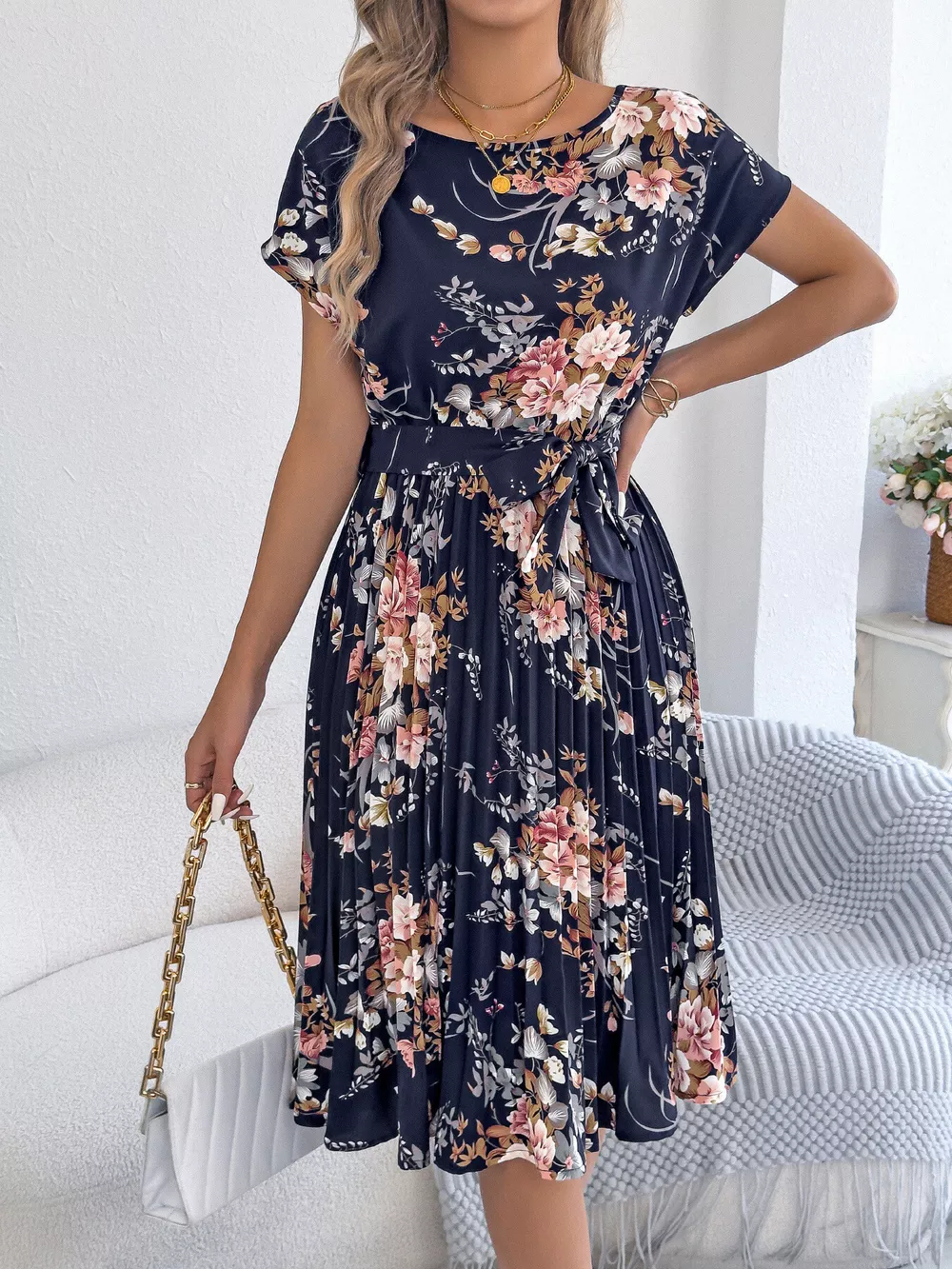 Floral Print Pleated A-Line Midi Dress, image 12