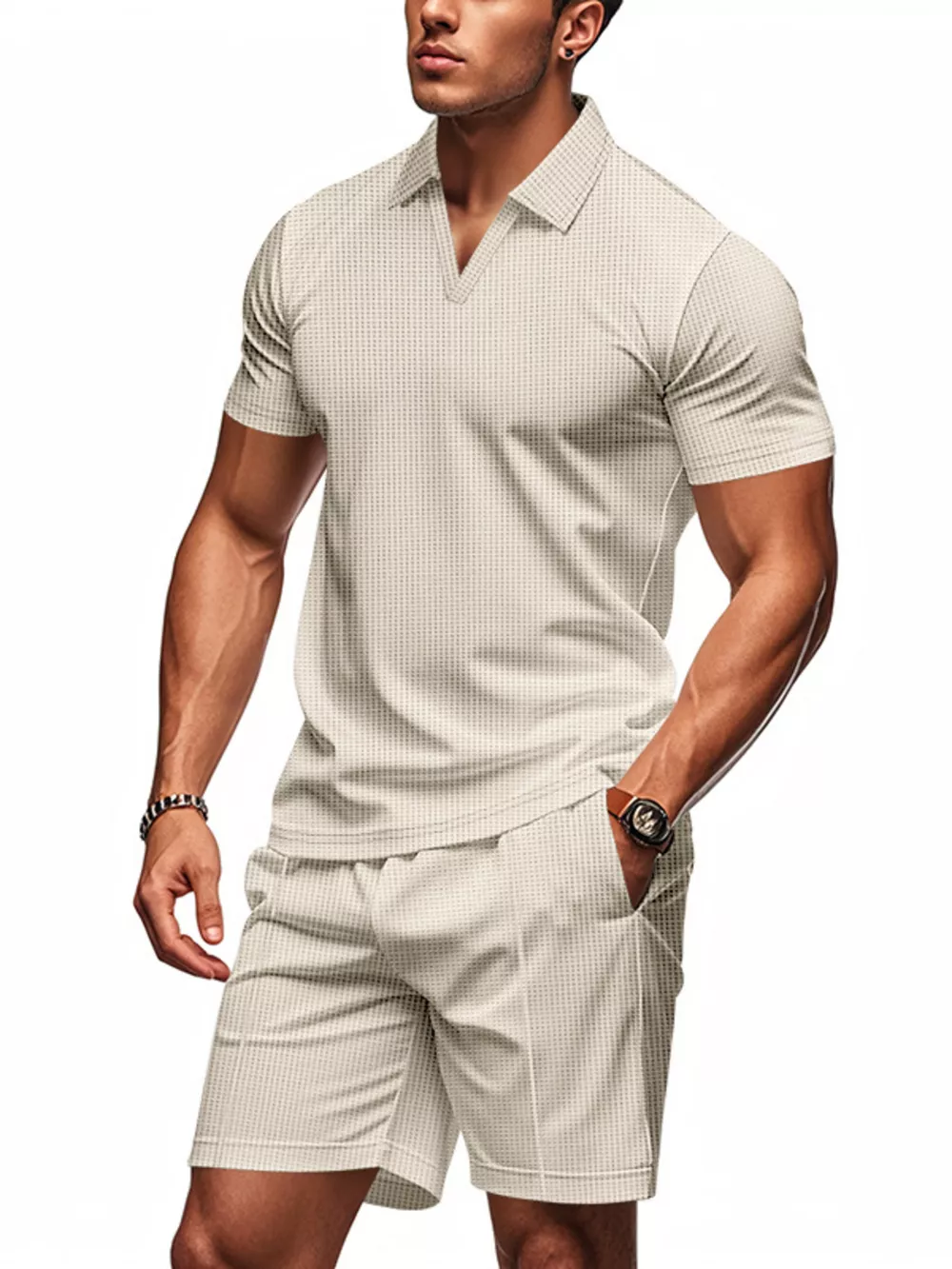 Men's Full Size Textured Short Sleeve Polo and Shorts Set Plus Size, image 8