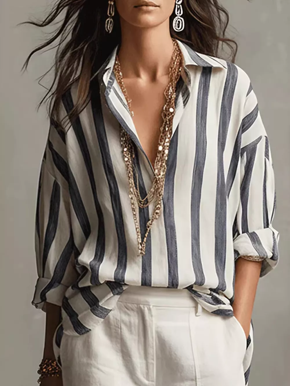 Full Size Oversized Striped Long Sleeve Shirt Plus Size, image 3