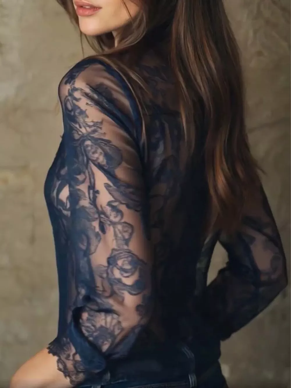 Full Size Sheer Lace Long-Sleeve Shirt Plus Size, image 2