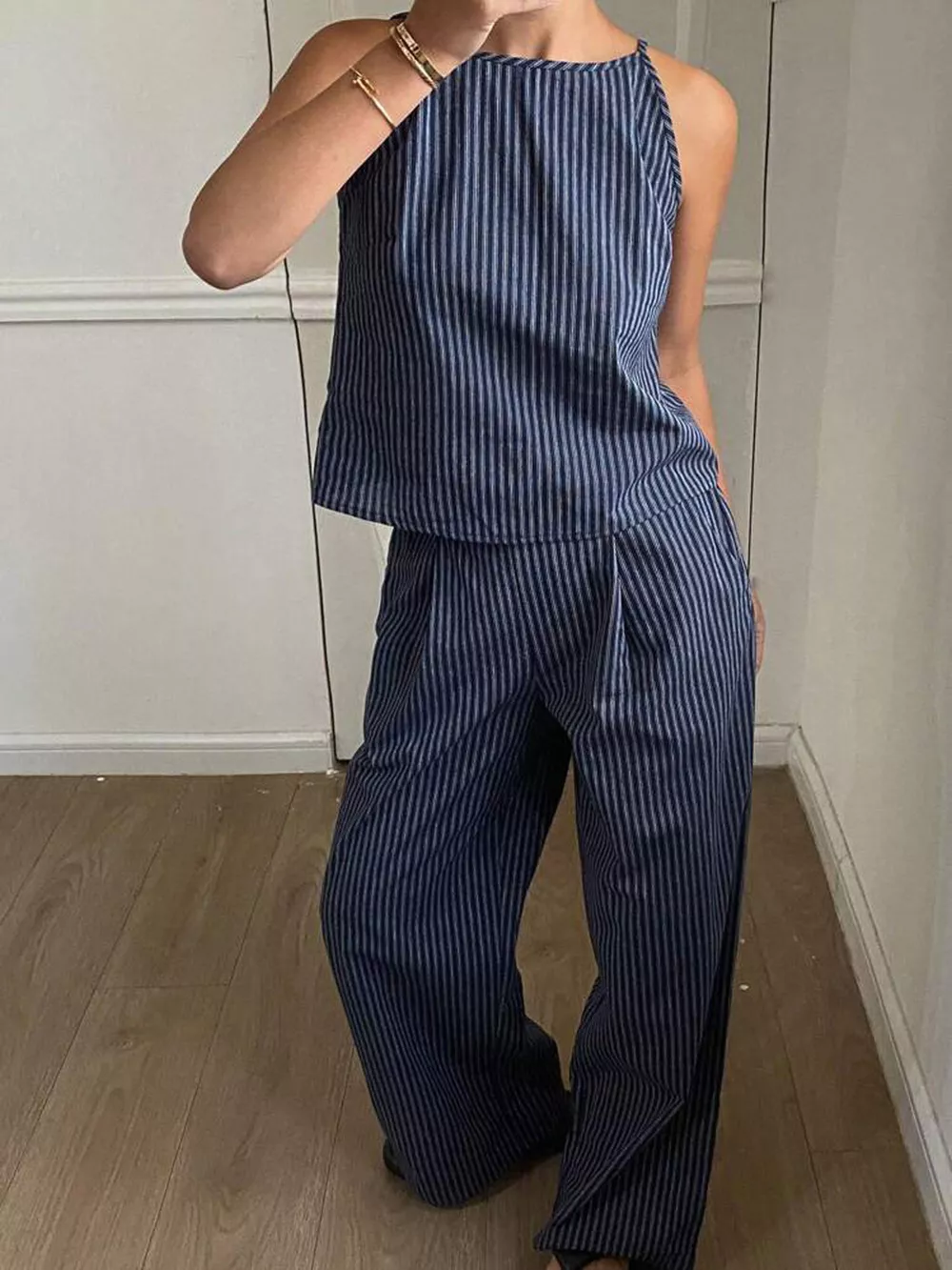 Striped Sleeveless Top and Wide-Leg Pants Set, image 3