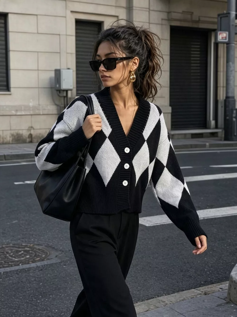 Argyle Pattern V-Neck Button-Down Cardigan, image 2