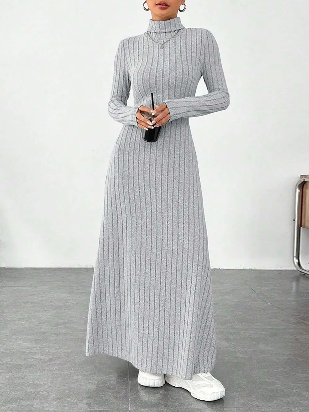 Ribbed Turtleneck Long Sleeve Maxi Knit Dress, image 3
