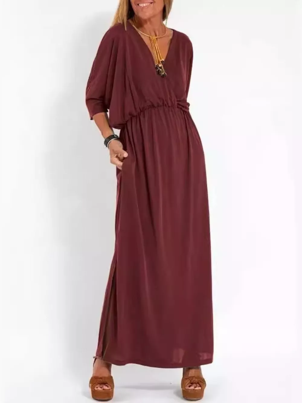 Full Size V-Neck Batwing Sleeve Maxi Dress with Side Slits Plus Size, image 9
