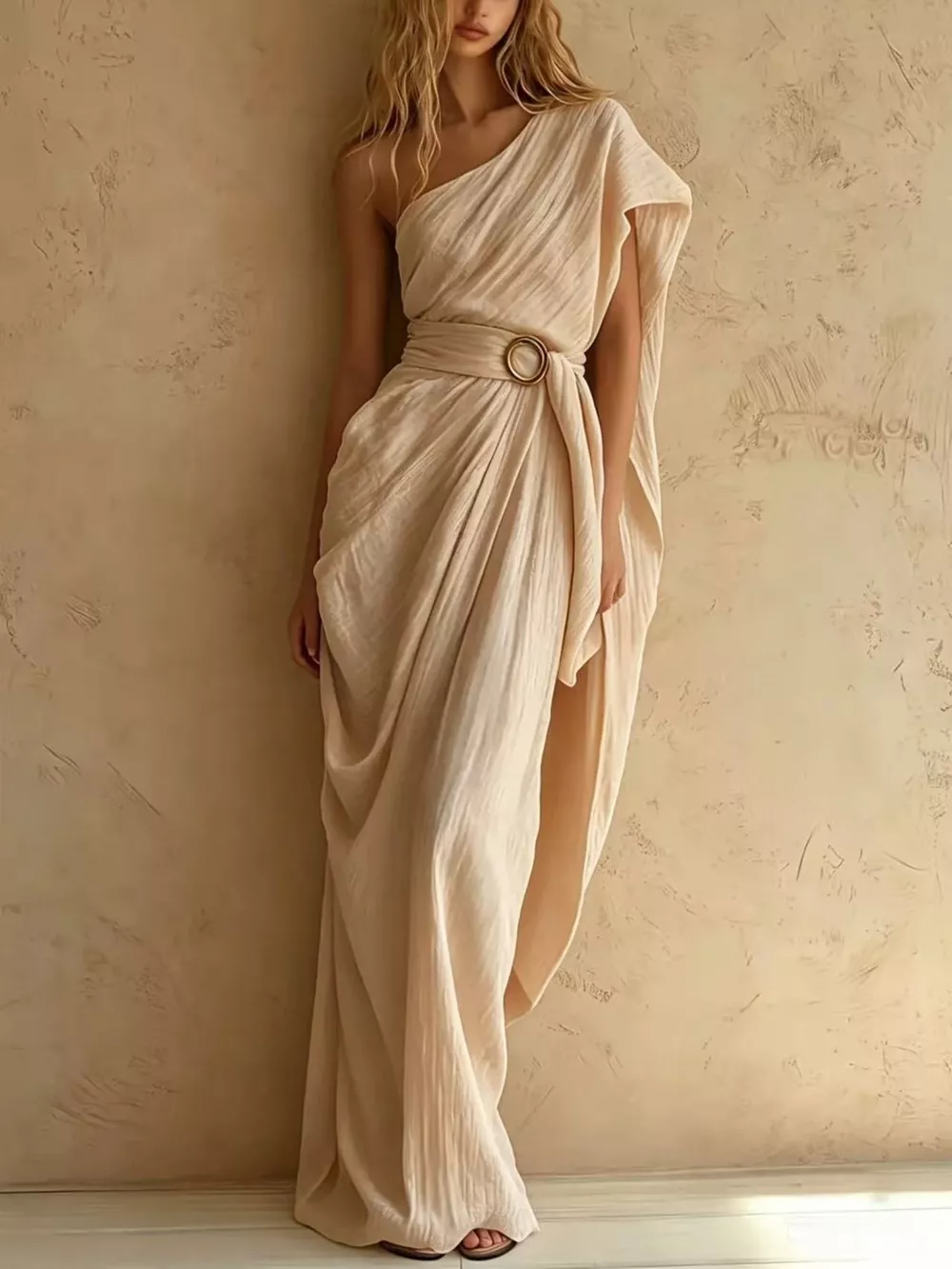 One-Shoulder Draped Maxi Dress with Waist Buckle, image 2