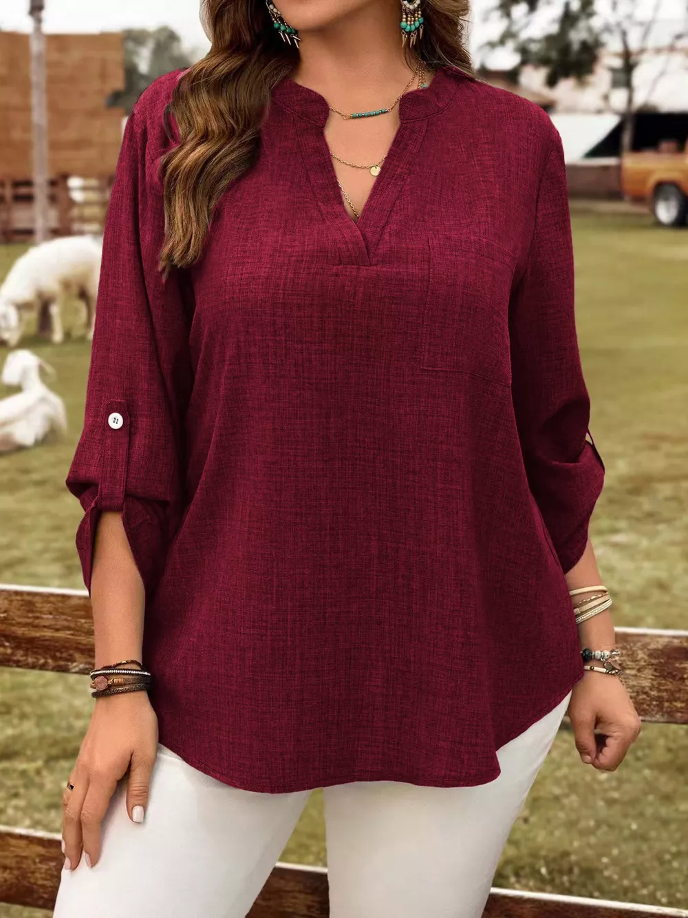 Plus Size Notched Roll-Tab Sleeve Casual Blouse, image 10