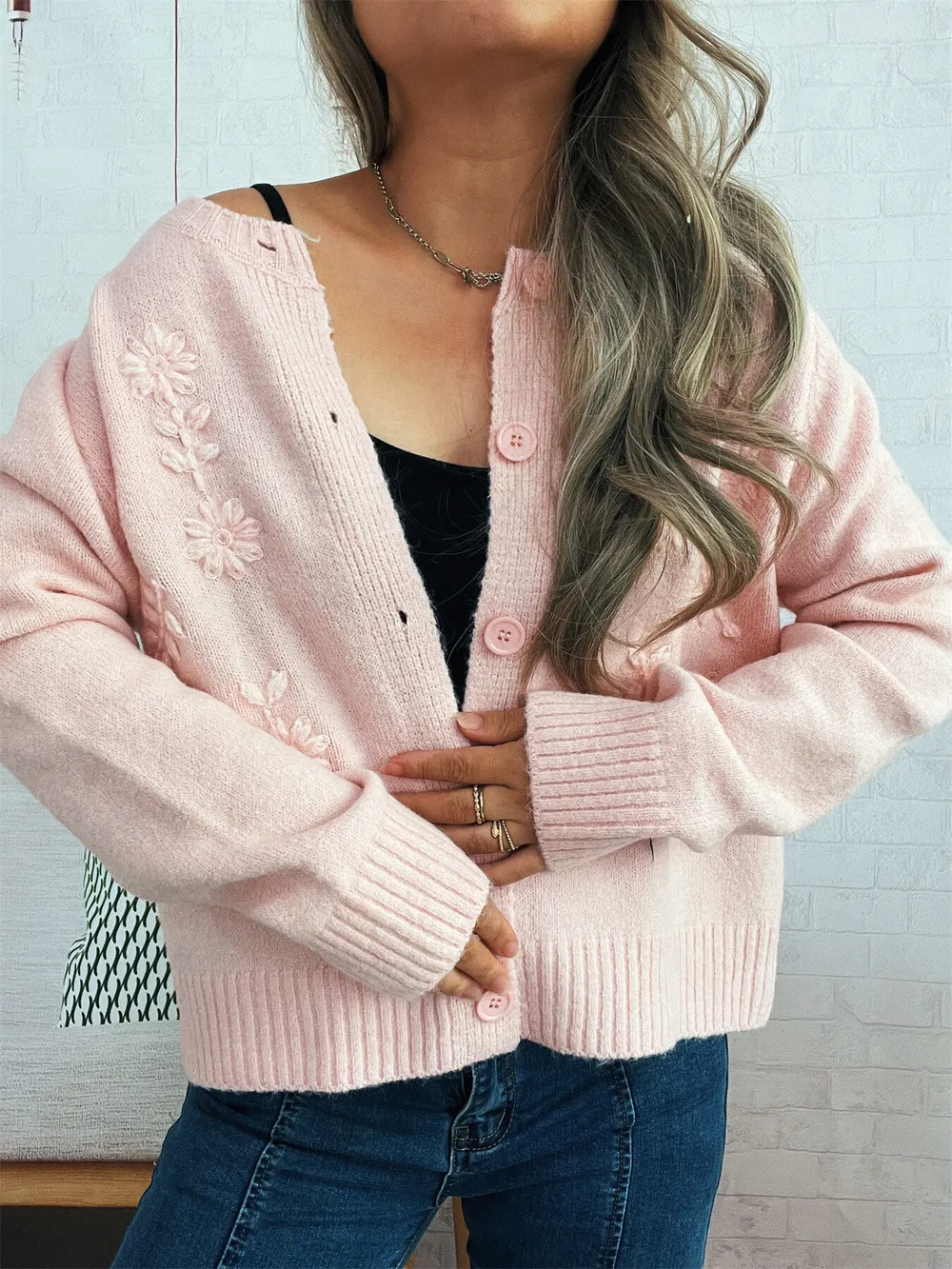Flower Button Up Ribbed Hem Cardigan, image 10