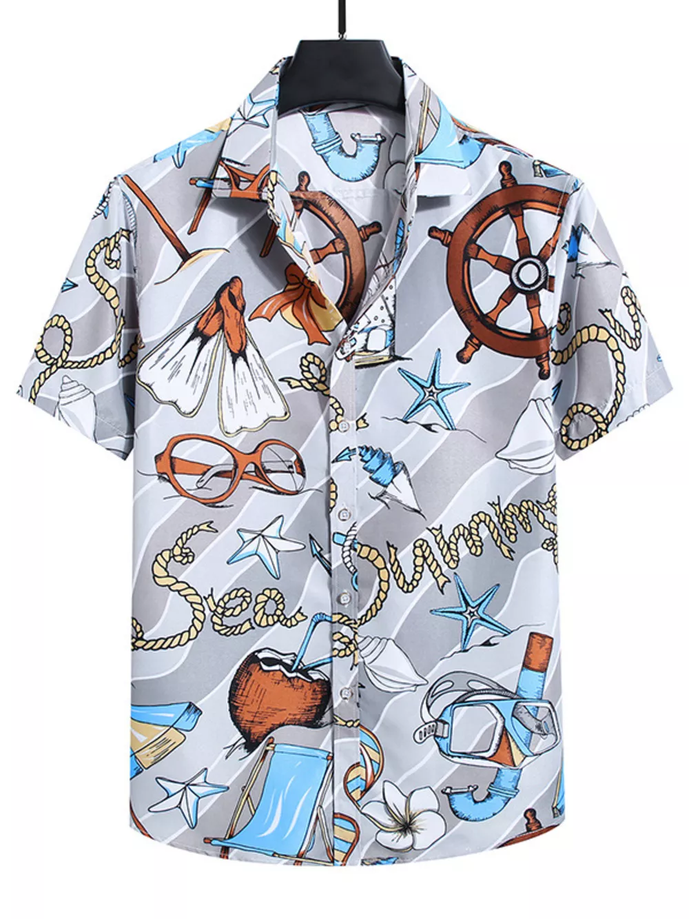 Men's Plus Size Nautical Print Short Sleeve Casual Shirt, image 2