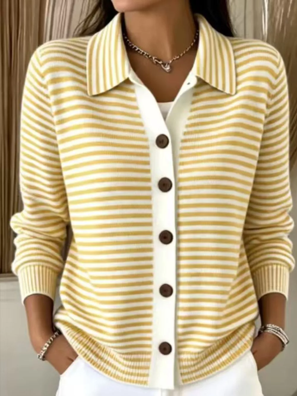Striped Collared Button-Down Knit Cardigan, image 11