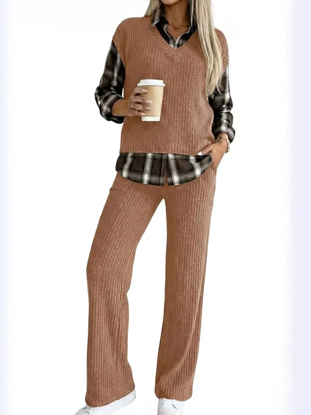 Ribbed Knit Plaid Sleeve Top & Pants Set, image 6
