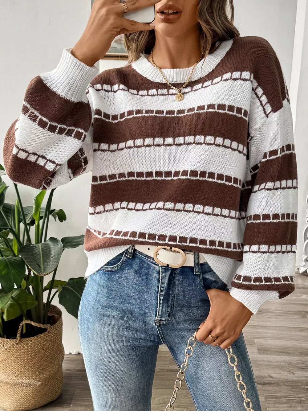 Striped Knit Dropped Shoulder Sweater, image 2