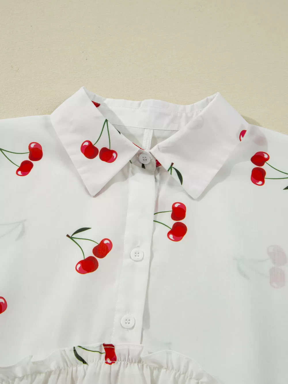 Cherry Print Flounce Sleeve Collared Frilled Babydoll Blouse, image 12