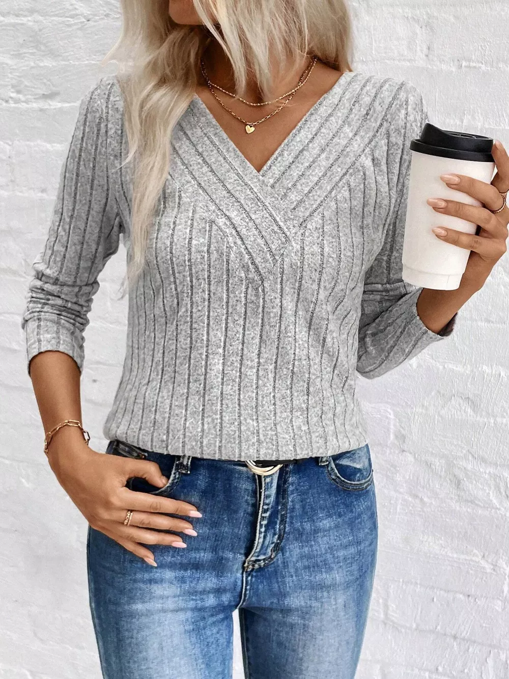 Ribbed V-Neck Long Sleeve T-Shirt, image 3