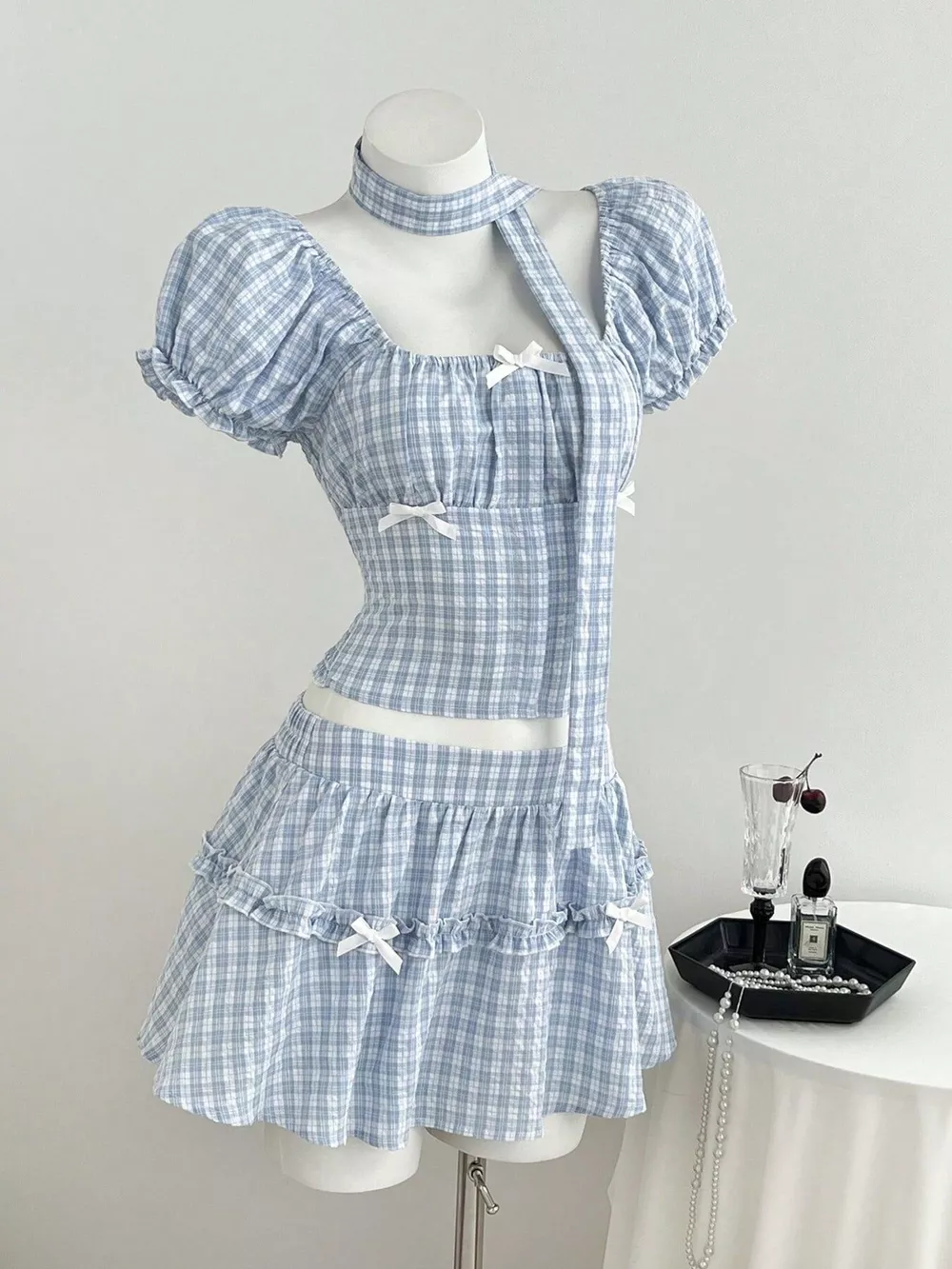 Plaid Puff Sleeve Blouse and Skirt Set, image 3