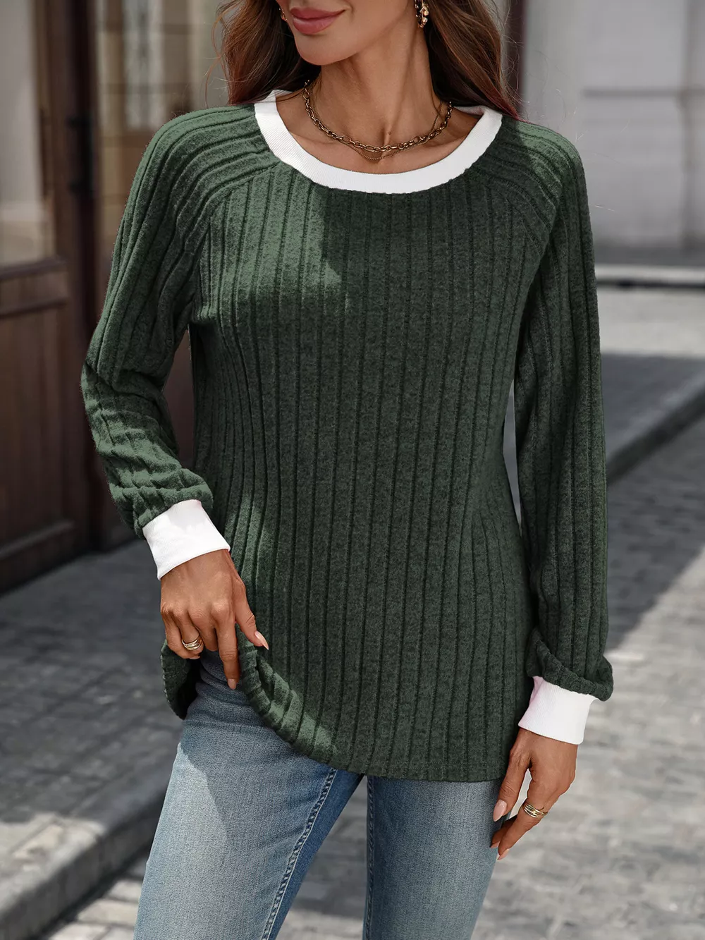 Ribbed Round Neck Raglan Sleeve Knit Top, image 11