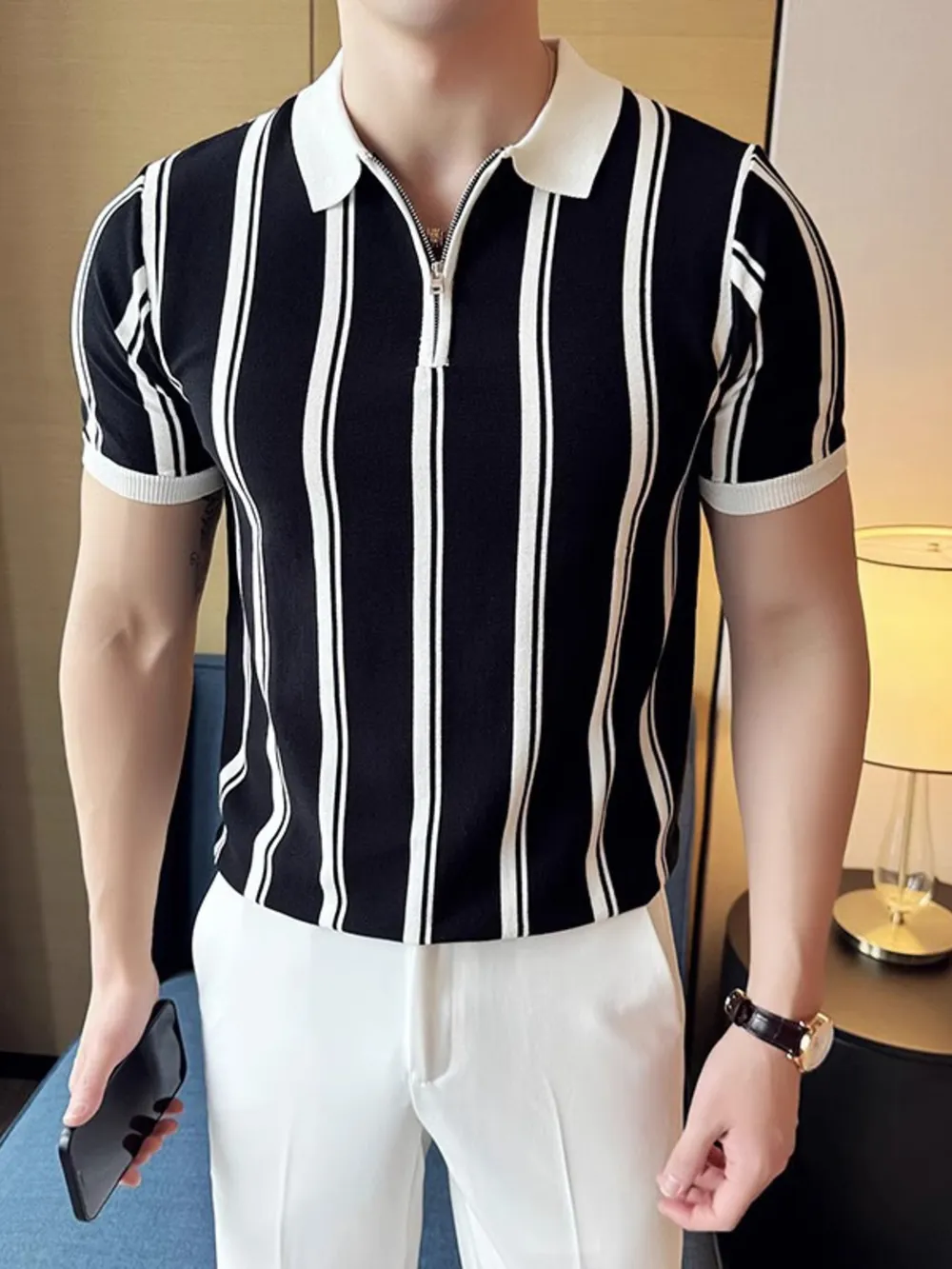 Men's Full Size Classic Striped Zip Collar Polo Shirt Plus Size, image 2