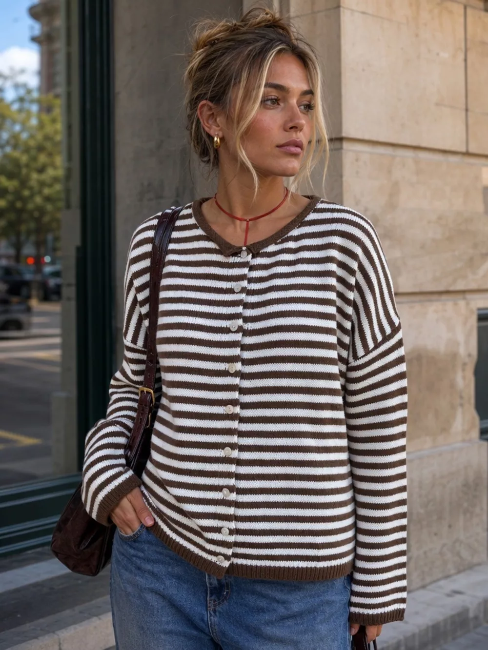 Striped Button-Down Knit Cardigan, image 8