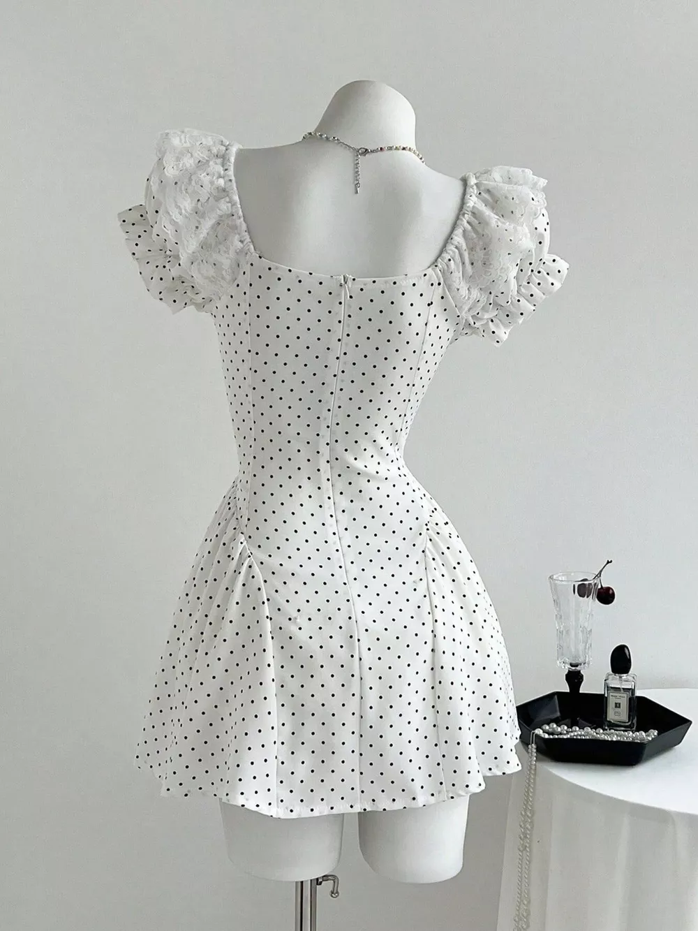 Lace Detail Polka Dot Mini Dress, image 5