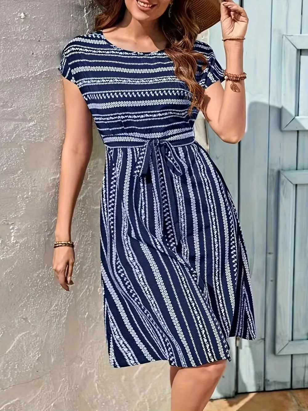 Striped Round Neck Short Sleeve Casual Dress, image 10