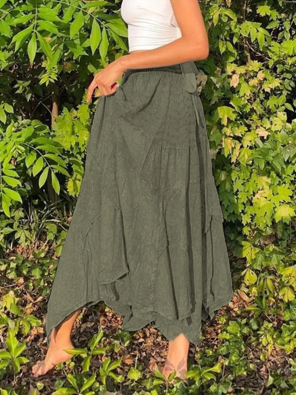 Asymmetrical Hem Midi Skirt with Drawstring Waist, image 6