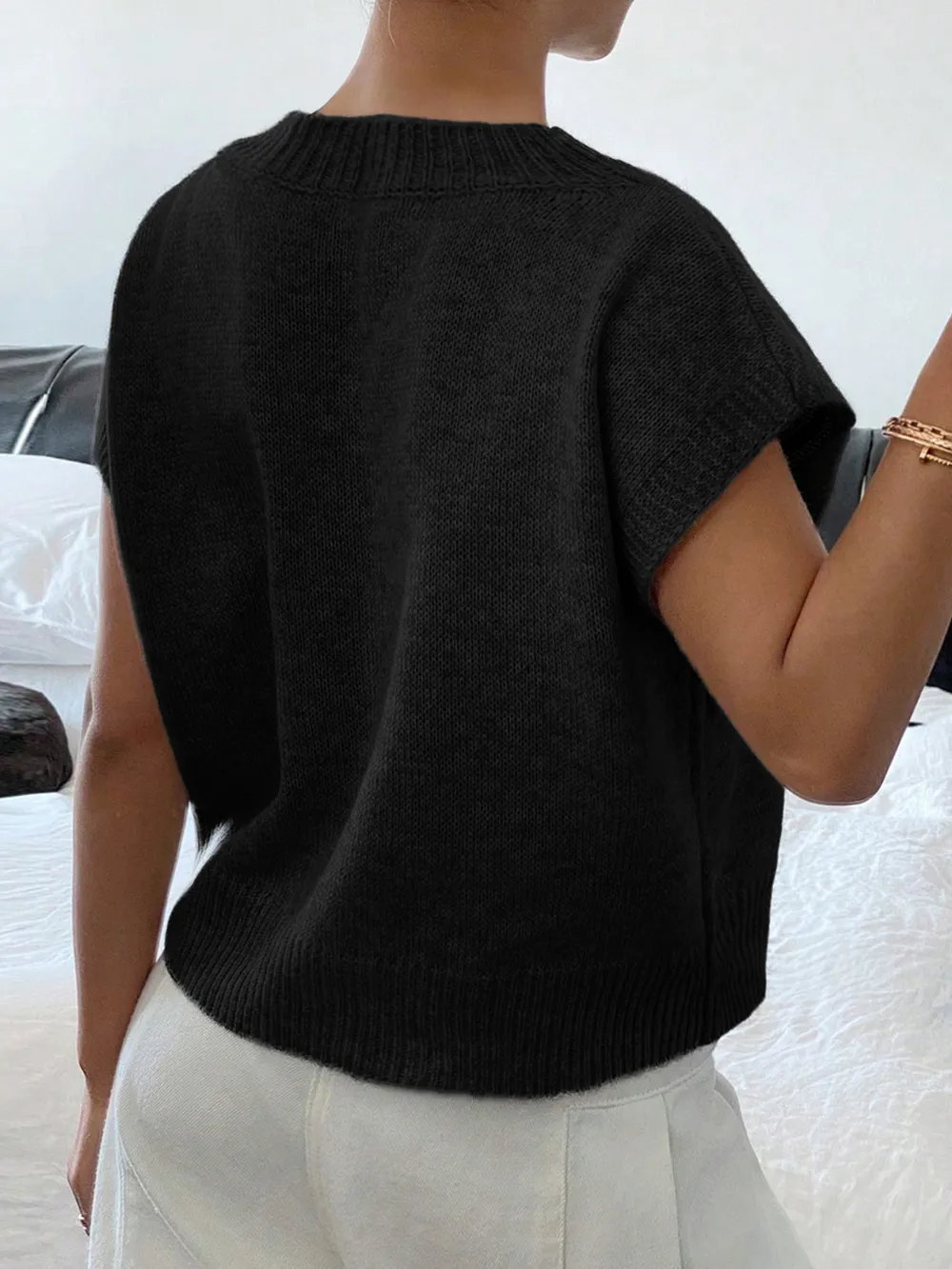Ribbed Hem V-Neck Short Sleeve Sweater, image 9