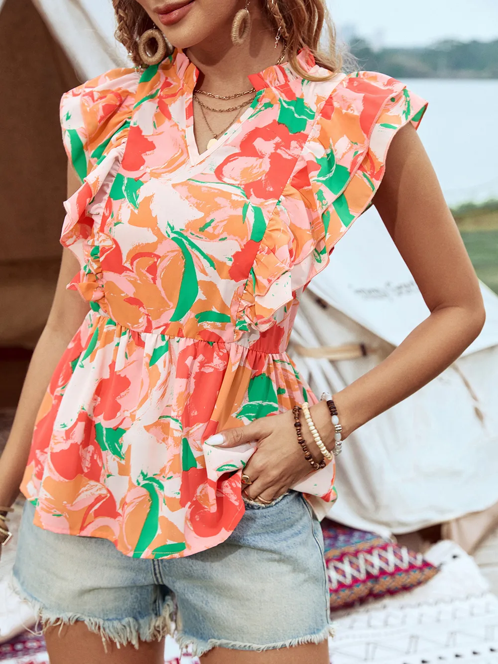 Floral Ruffle Cap Sleeve Blouse, image 5
