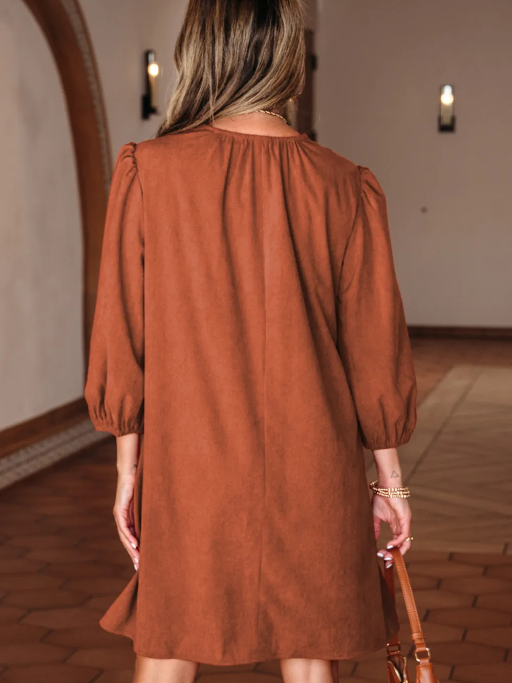 Split Neck Scallop Detail Corduroy Mini Dress, image 13