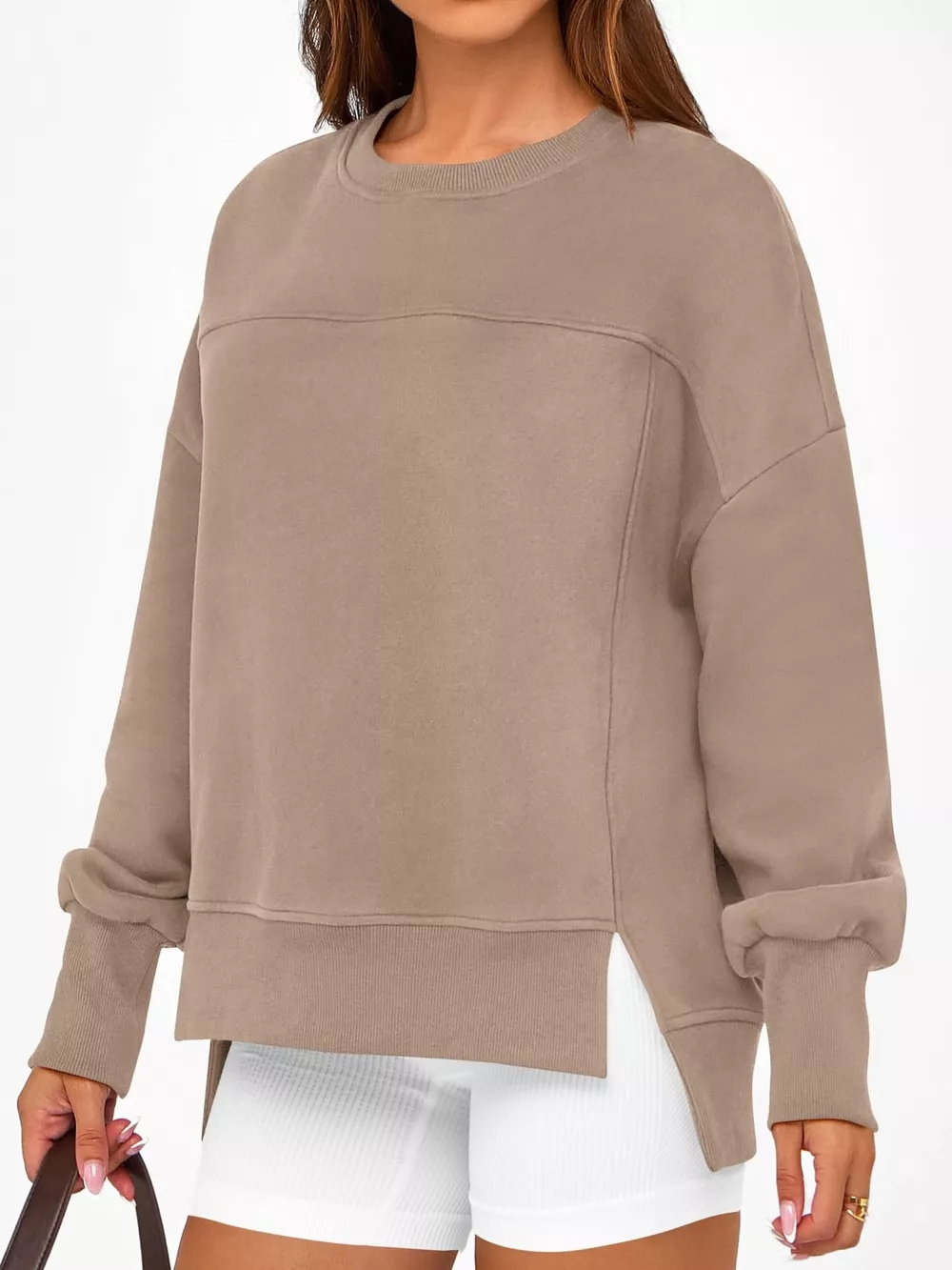 Slit Round Neck Dropped Shoulder Sweatshirt, image 25