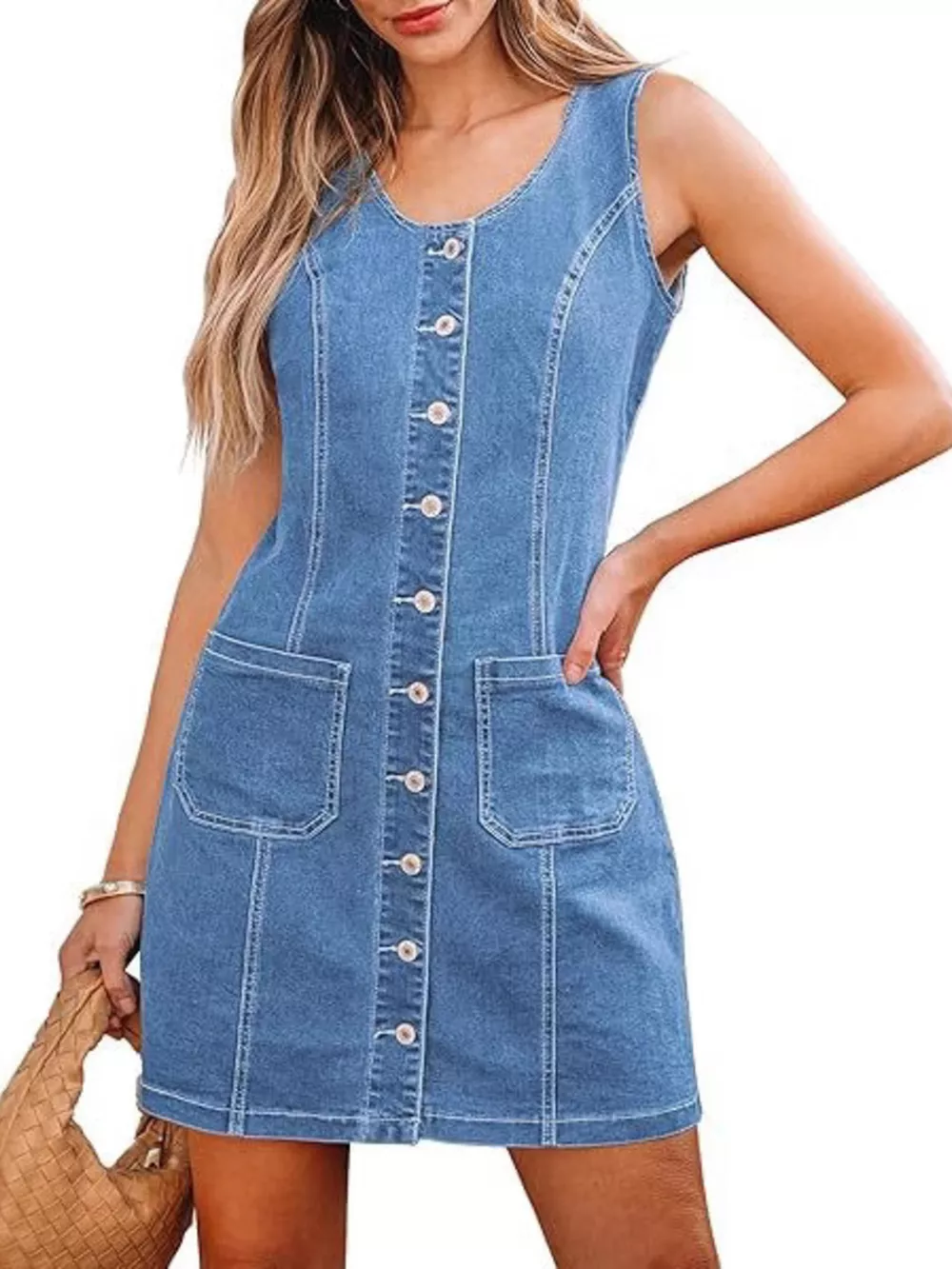 Button-Front Sleeveless Denim Dress, image 7