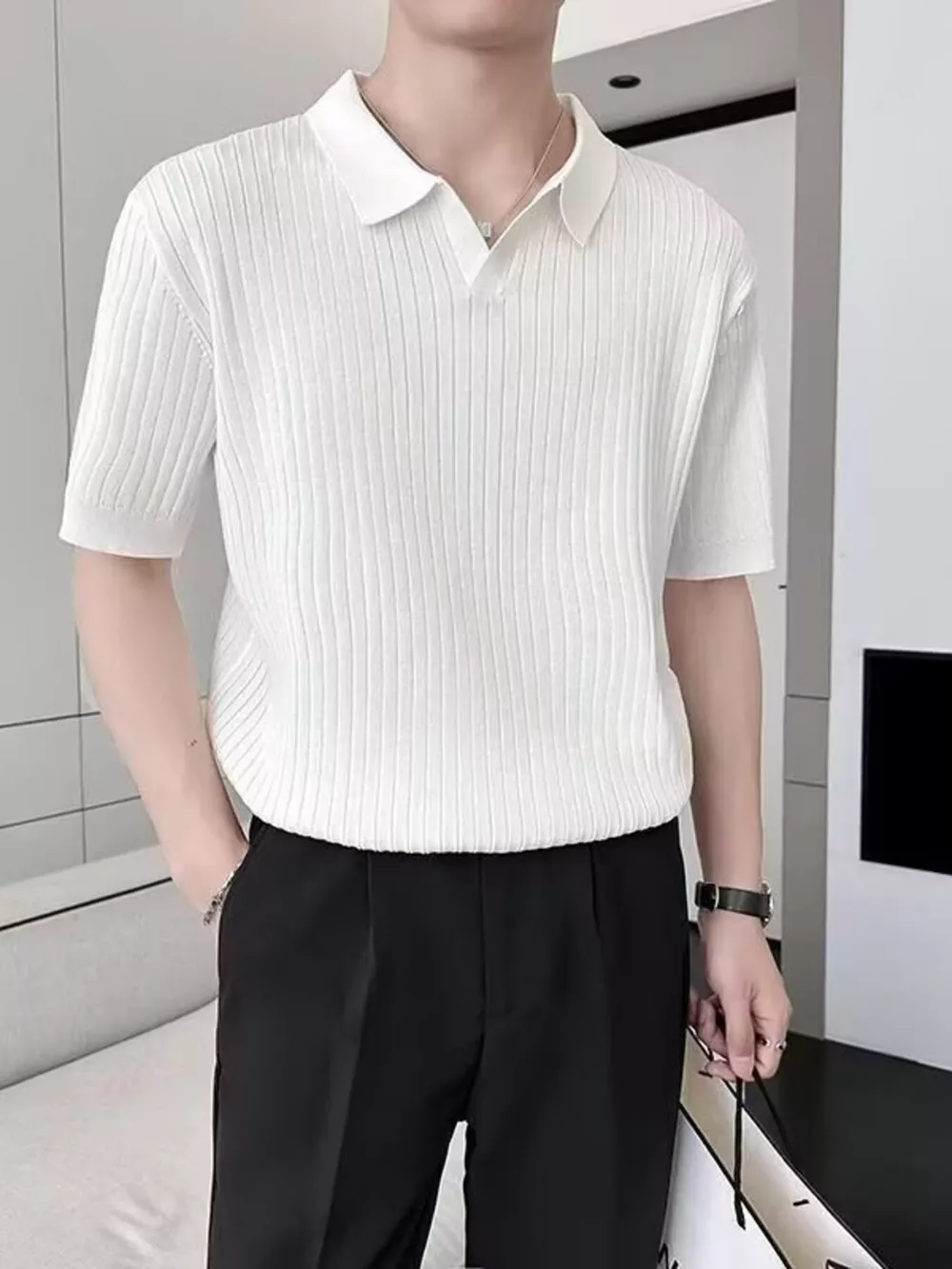 Men's Plus Size Short Sleeve Textured Knit Polo, image 2