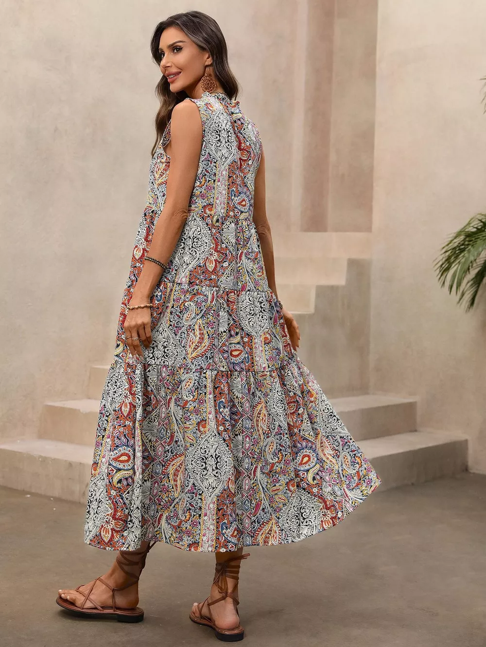 Paisley Print Tie Neck Sleeveless Midi Dress, image 10