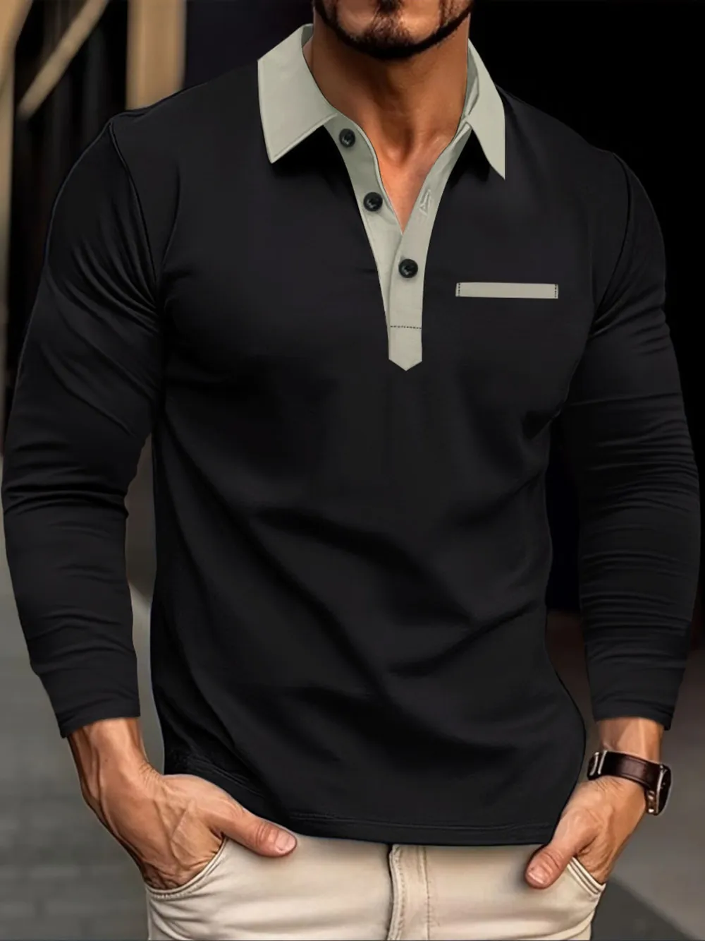 Men's Full Size Long Sleeve Contrast Collar Polo Shirt Plus Size