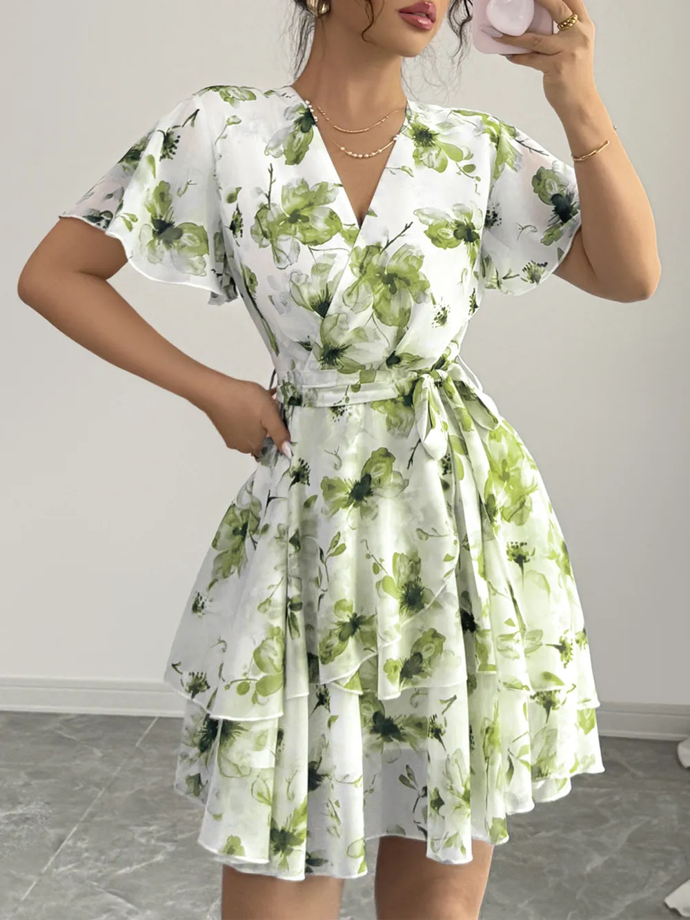 Printed Surplice Layered Mini Dress, image 6