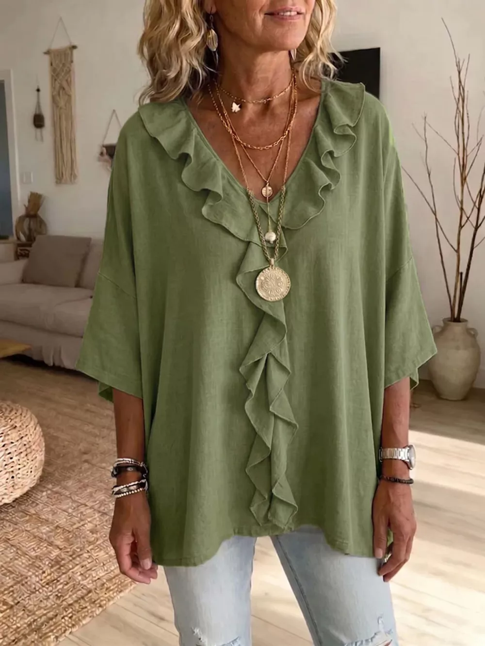 Full Size Ruffled V-Neck 3/4 Sleeve Blouse Plus Size, image 4