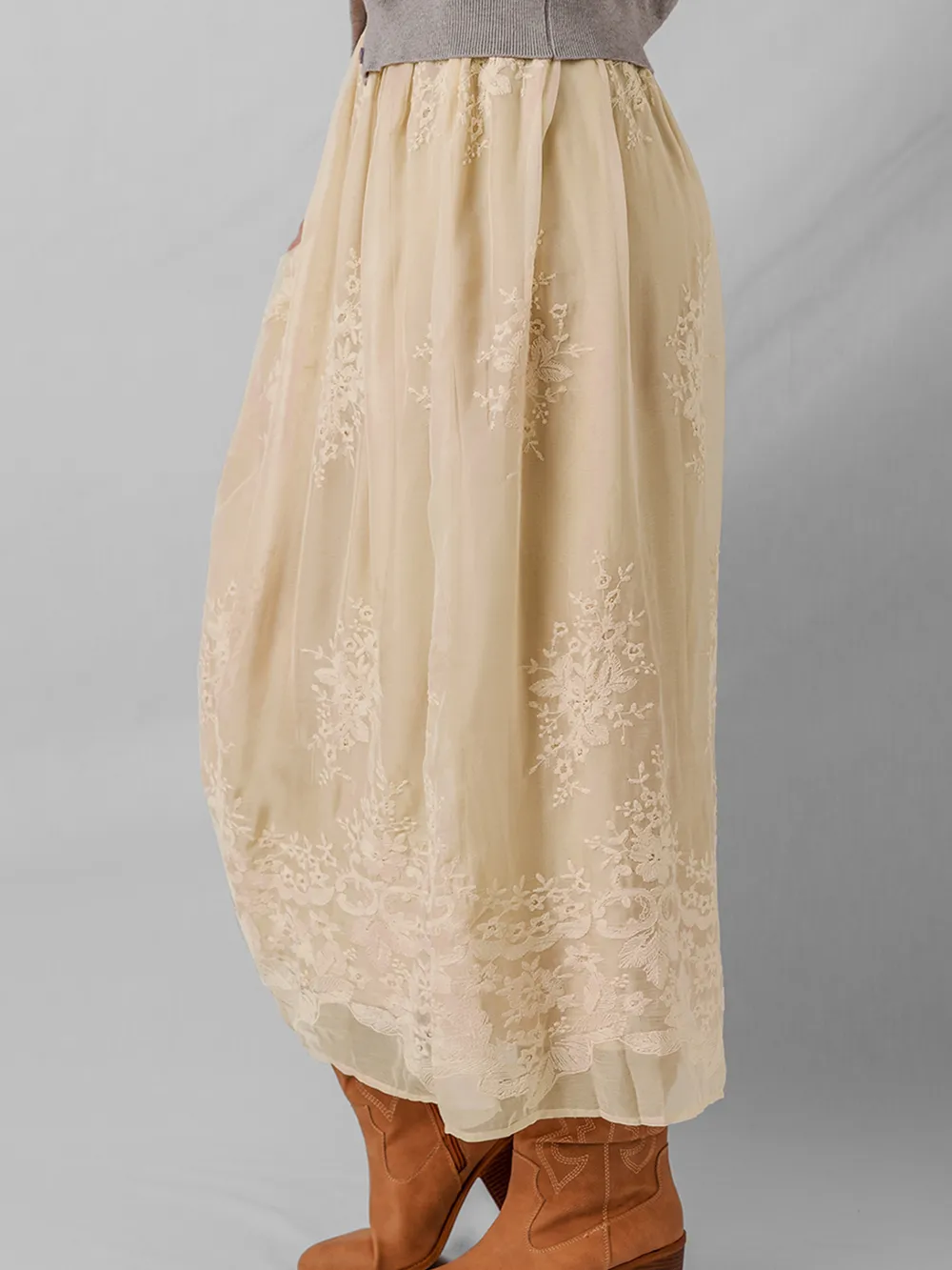 Embroidered Mesh Overlay Flowy Midi Skirt, image 8