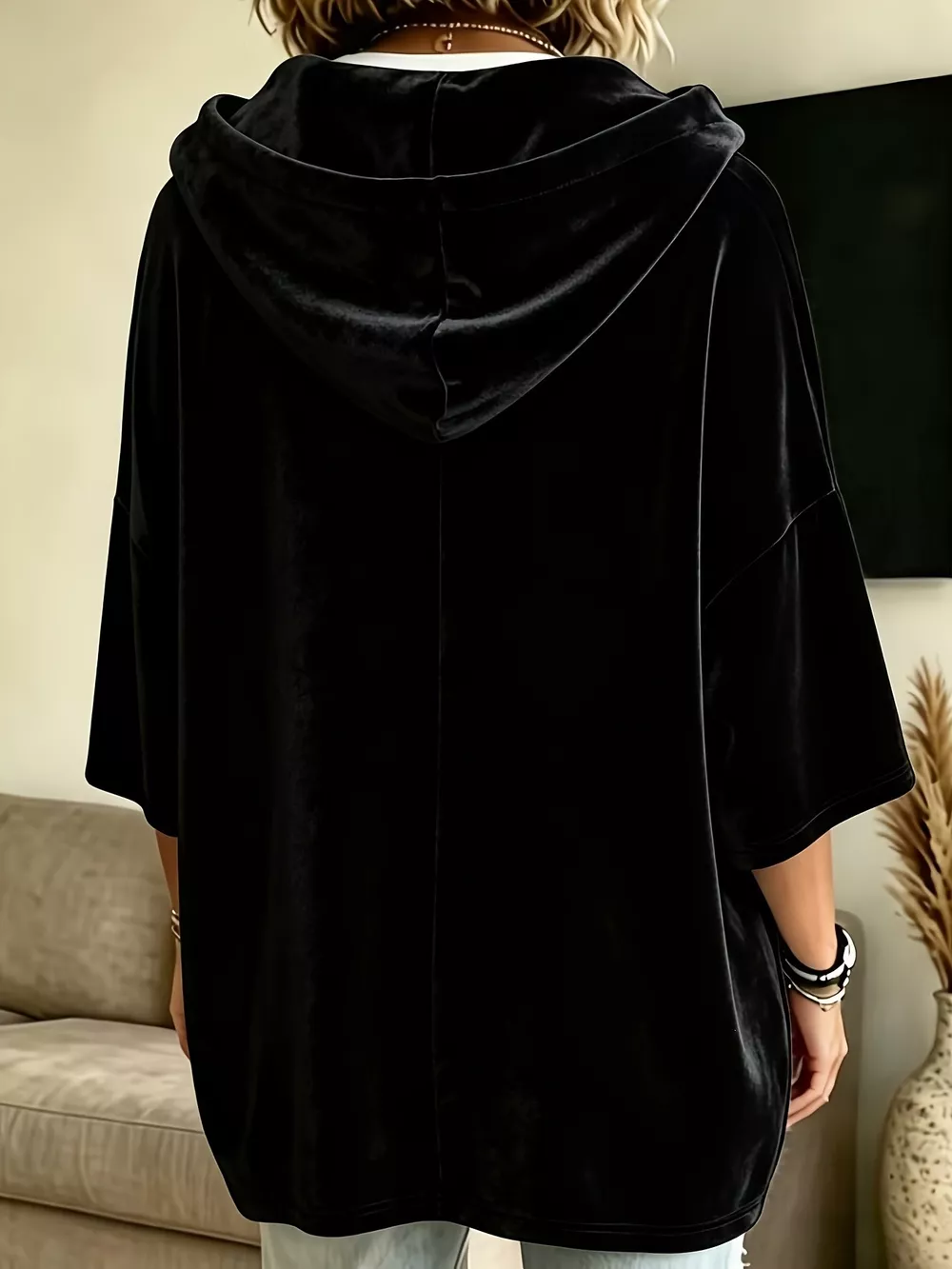 Full Size Velvet 3/4 Sleeve Hoodie with Kangaroo Pocket Plus Size, image 9