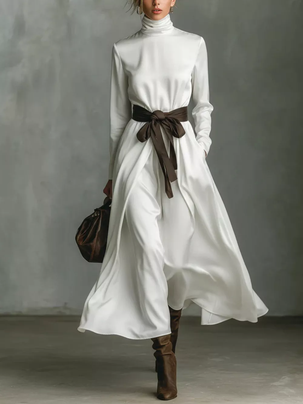 Turtleneck Tie Waist Midi Dress