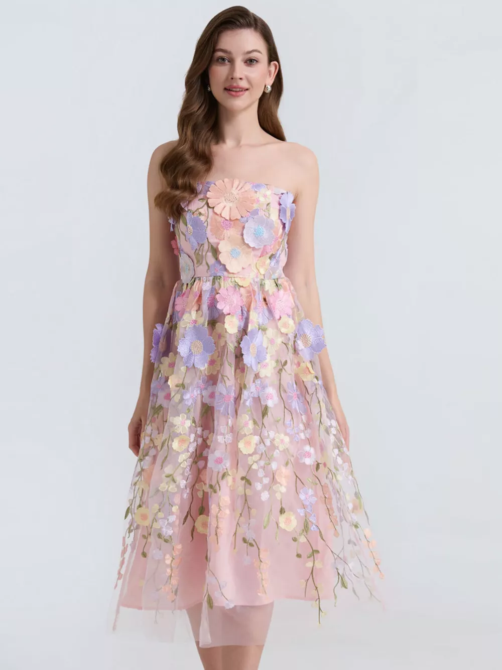 Floral Applique Strapless Midi Dress, image 10