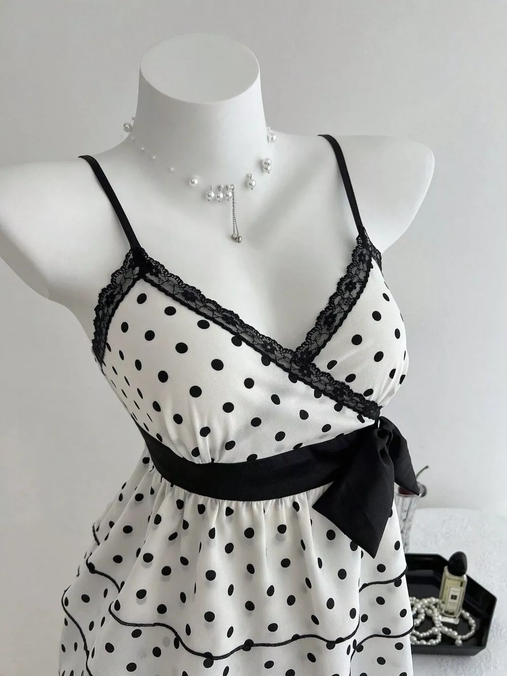 Polka Dot Ruffle Hem Cami with Lace Trim, image 2