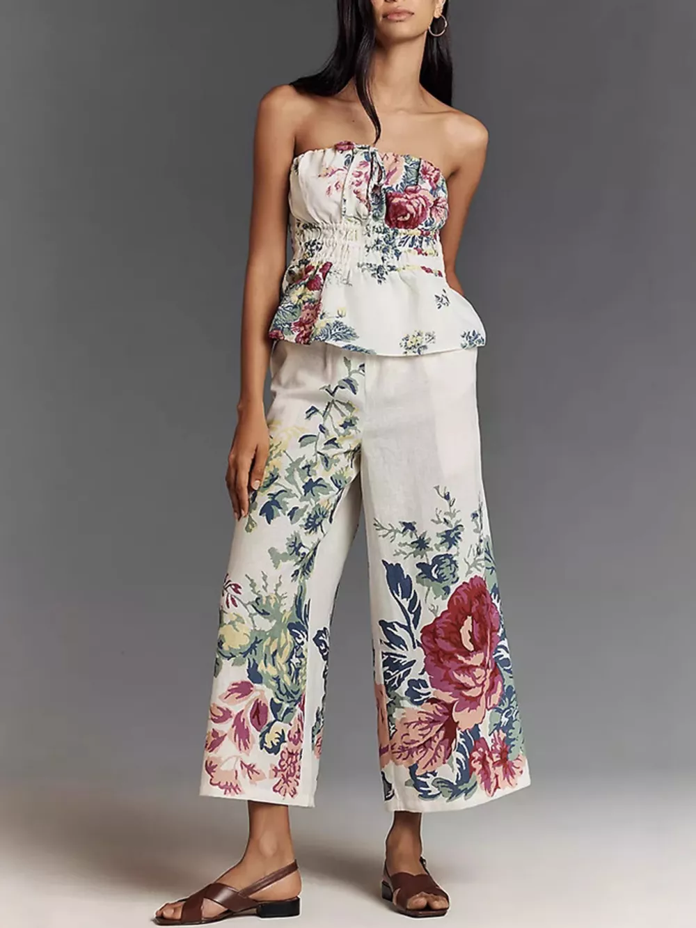 Floral Print Strapless Top and Wide-Leg Pants Set