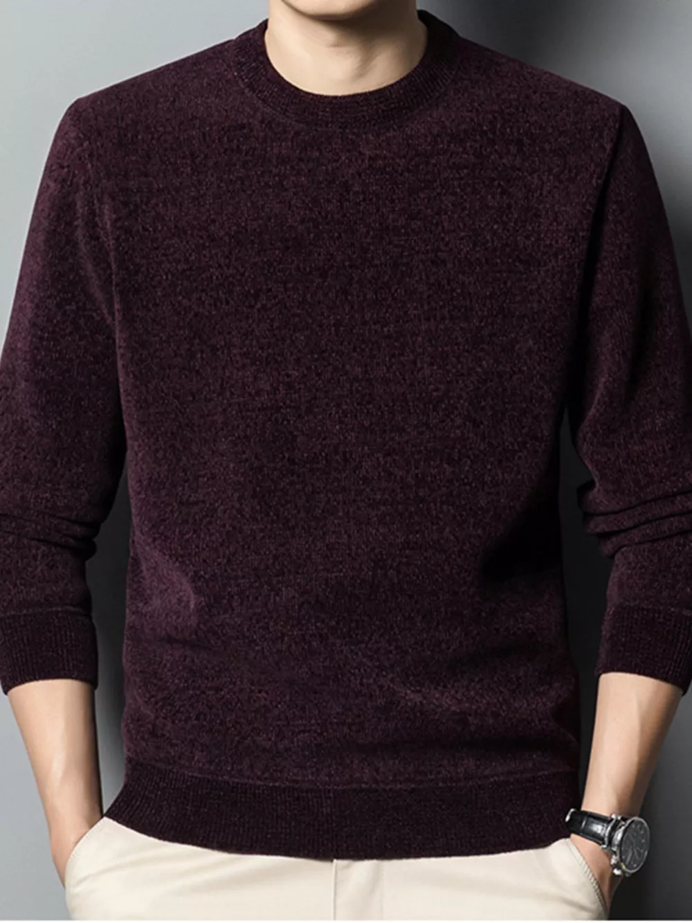 Men's Plus Size Round Neck Long Sleeve Sweater, image 2