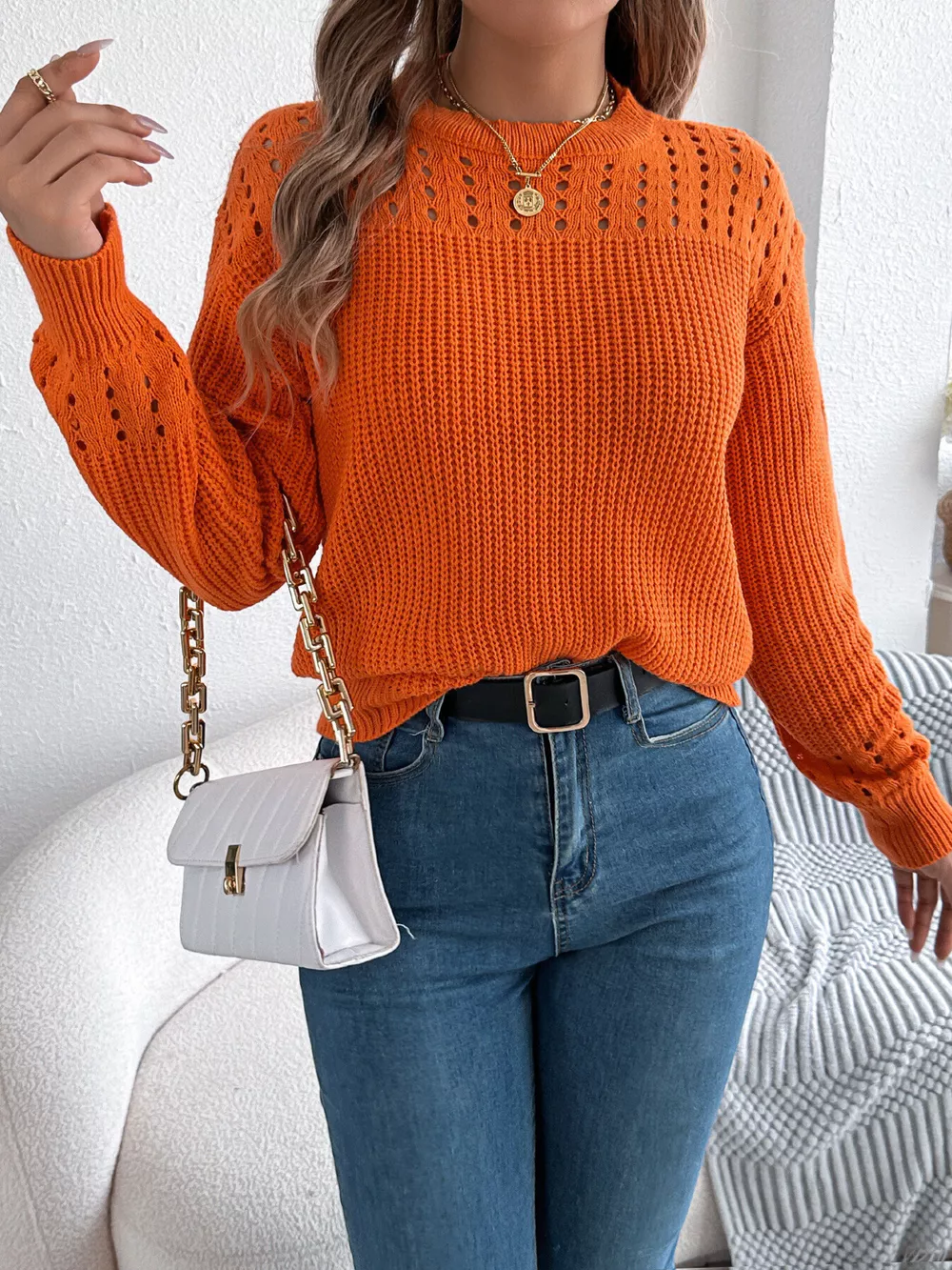 Openwork Round Neck Long Sleeve Sweater, image 10
