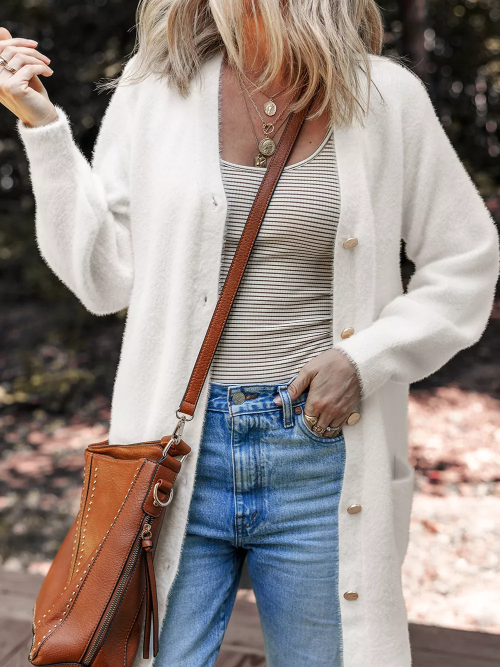 Fuzzy Buttoned Front Cardigan with Pockets, image 7