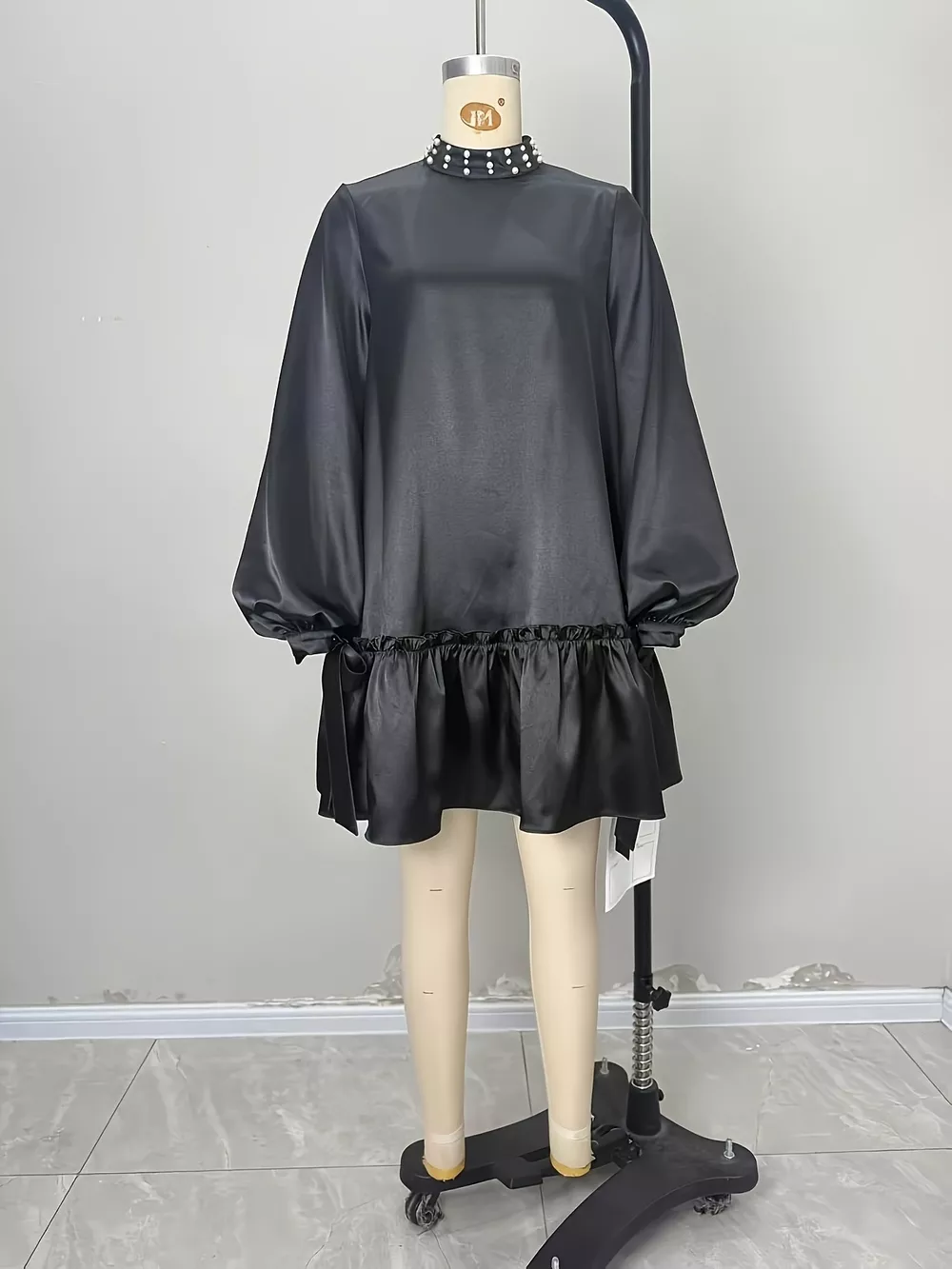 Pearl-Embellished Mock Neck Ruffle Hem Dress, image 5
