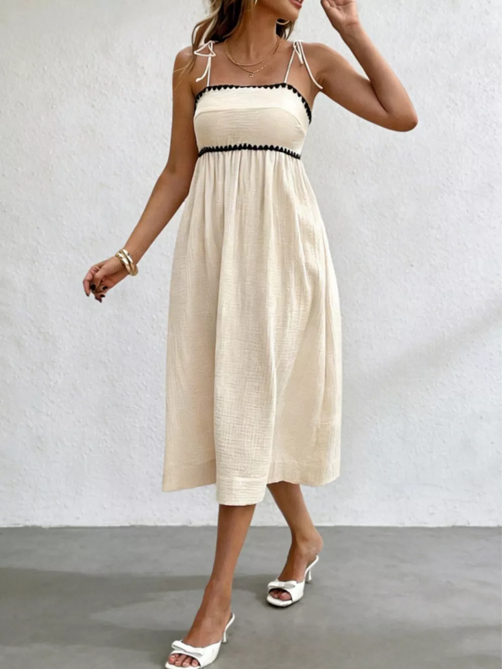 Contrast Trim Tie Shoulder Midi Dress, image 2